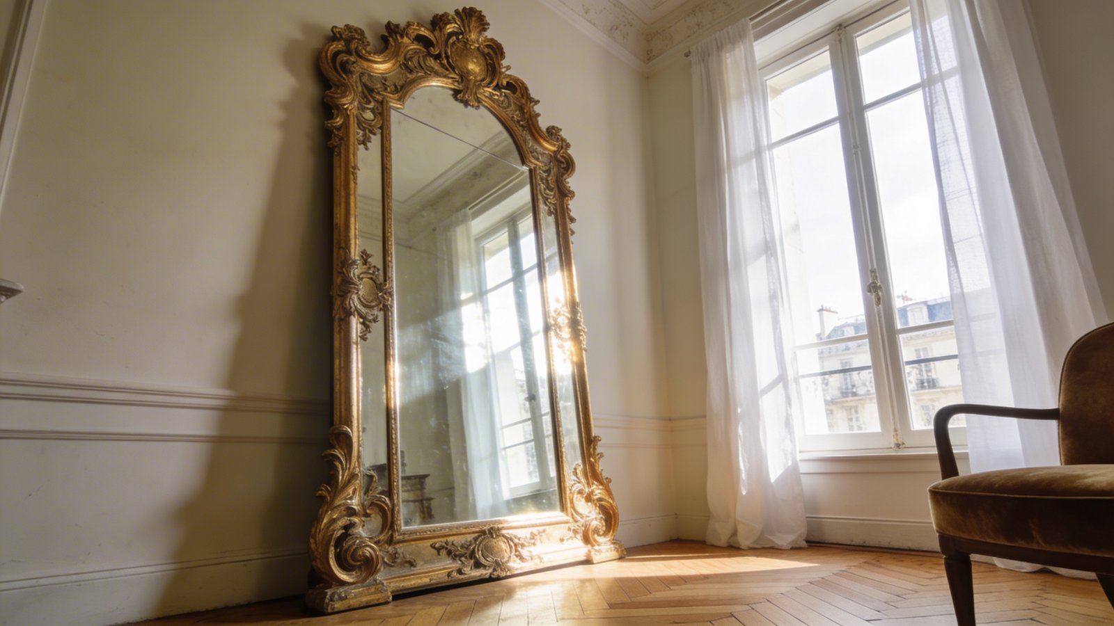 A bright Parisian studio apartment interior featuring an ornate floor-to-ceiling antique mirror with an elaborate gilded gold frame leaning against a cream-colored wall, reflecting soft natural light streaming through tall French windows with sheer white curtains, the mirror's ornate baroque-style carved details catching the light, hardwood herringbone floors visible, a small velvet armchair partially in frame, shot from a low angle to emphasize the mirror's impressive height and how it makes the room feel more spacious and luminous, sophisticated French interior design aesthetic with muted earth tones and elegant vintage furnishings