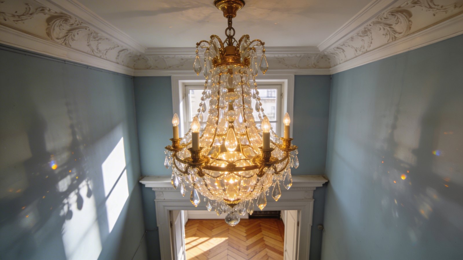 A stunning ornate crystal chandelier with brass accents hanging from the ceiling of a compact Parisian apartment, photographed from a low angle looking upward, showing intricate glass droplets catching warm golden light, with white crown molding and pale blue-grey walls visible in the background, herringbone wood flooring partially visible below, the fixture hung at an intimate height creating dramatic shadows and sparkle, shot in natural afternoon light streaming through an unseen window, elegant vintage French interior design aesthetic