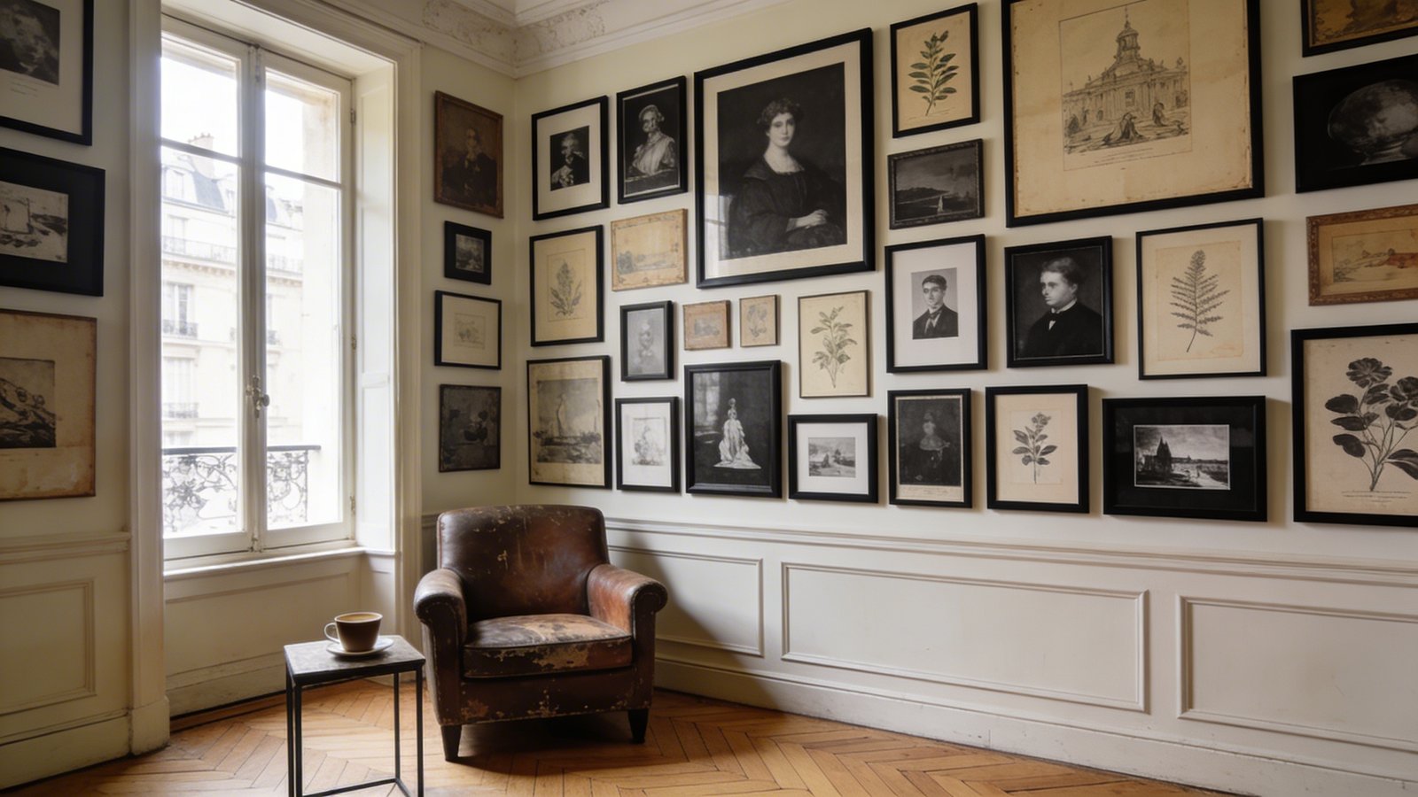 A cozy Parisian apartment interior featuring a striking salon-style gallery wall covering an entire wall from floor to ceiling, filled with mismatched vintage art prints, black and white photography, and botanical illustrations all housed in uniform matte black frames of varying sizes arranged edge to edge, with a worn leather armchair and small side table with a coffee cup in the foreground, soft natural light streaming through a nearby window illuminating the eclectic art collection, warm cream walls, herringbone wooden floors, and a glimpse of classic Parisian molding details