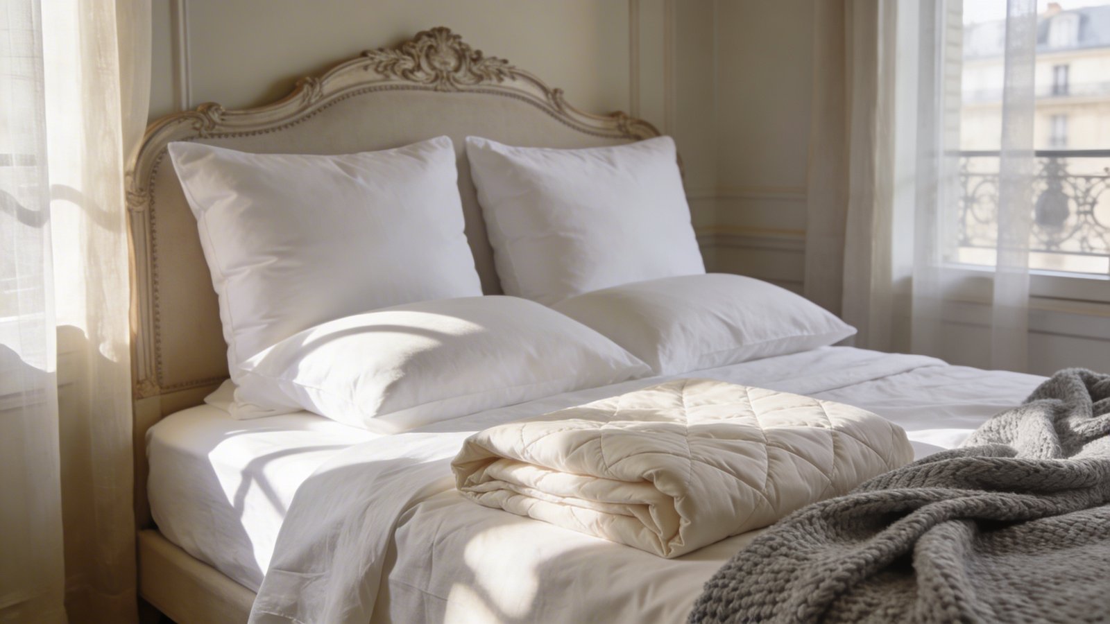 A luxurious Parisian-style bed in a small apartment bedroom featuring crisp white linen sheets and duvet cover with perfectly smooth layers, two large white Euro pillows propped against an ornate headboard, regular white sleeping pillows in front, a cream lightweight quilt elegantly folded at the foot of the bed, and a chunky knit gray throw blanket artfully draped across one corner, soft morning light filtering through sheer curtains creating gentle shadows on the immaculate bedding, shot from a three-quarter angle showing the sophisticated layering and hotel-quality styling, warm neutral color palette with subtle texture contrasts, minimalist elegant French bedroom aesthetic