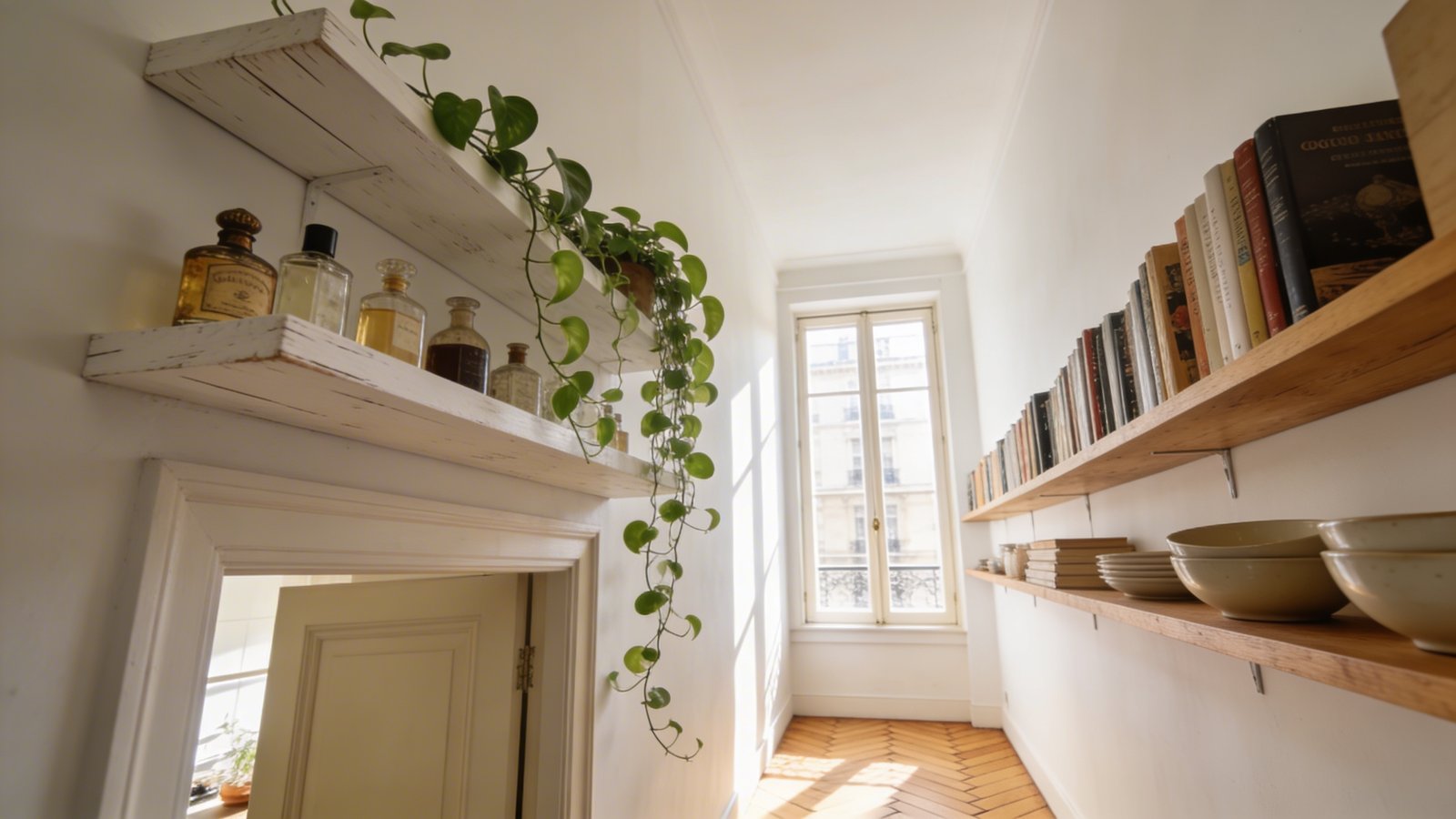 A bright Parisian apartment interior showcasing creative floating shelf installations in unexpected locations, with white-painted wooden floating shelves mounted above a doorway displaying vintage perfume bottles and trailing pothos plants, additional natural wood shelves along a narrow hallway holding neatly arranged cookbooks and ceramic bowls, soft afternoon sunlight streaming through tall French windows illuminating white walls and herringbone floors, minimalist styling with items grouped in threes, shallow depth of field emphasizing the clever vertical storage solution, shot from a low angle looking upward to emphasize height and space optimization, warm and airy atmosphere with neutral tones of cream, white, and natural wood