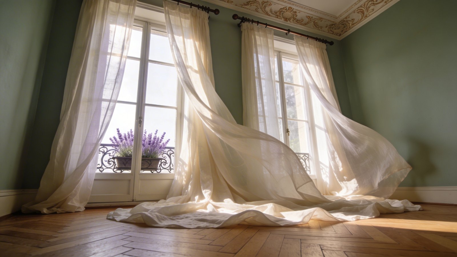 A bright Parisian apartment interior photographed from a low angle showing floor-to-ceiling flowing cream linen curtains dramatically pooling on herringbone wooden floors, with the curtains billowing gently near tall French windows, a delicate wrought-iron window box with lavender visible outside the glass panes, soft morning sunlight filtering through the sheer fabric creating an ethereal glow, the curtain rod mounted near the ornate ceiling molding, muted sage green walls visible on the sides, creating an elegant illusion of grandeur in a compact space