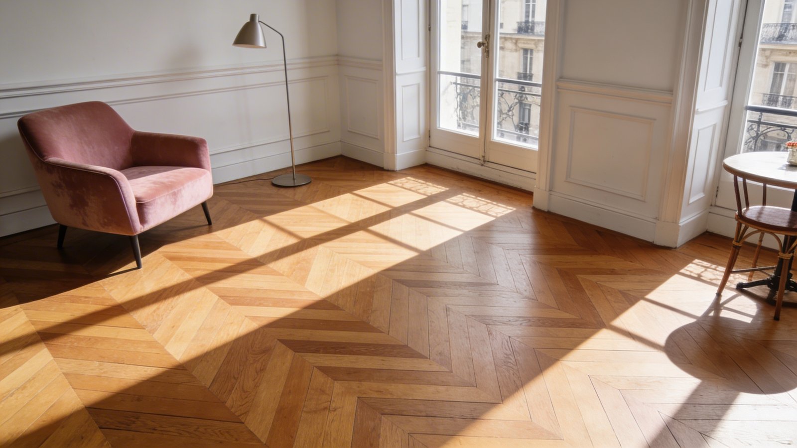 A bright Parisian studio apartment interior photographed from a corner angle, showcasing an elegant herringbone-patterned wood floor in honey-toned oak that extends throughout the space, with morning sunlight streaming through tall French windows casting geometric shadows across the distinctive zigzag pattern, minimal Scandinavian furniture including a velvet blush pink armchair and modern floor lamp positioned on the floor, white walls with classic crown molding, and a small bistro table near the window, captured in natural lighting that emphasizes the rich texture and diagonal lines of the herringbone flooring