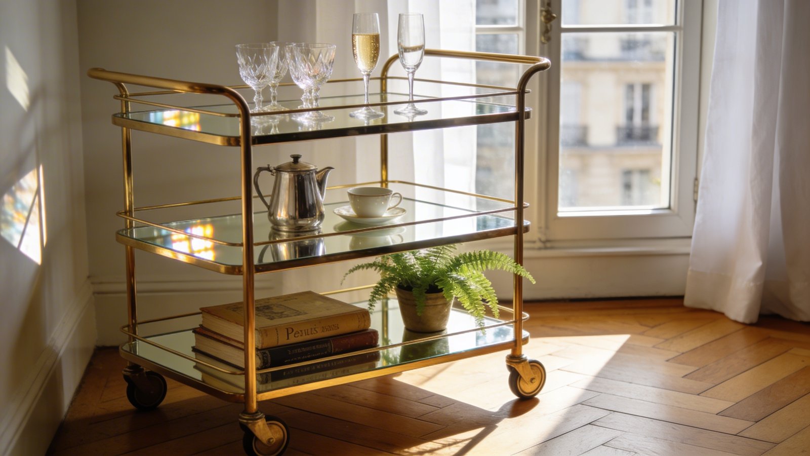 A sophisticated brass and glass bar cart styled in a small Parisian apartment near a tall window with natural light streaming in, featuring three tiers with delicate crystal wine glasses and champagne flutes on the top shelf, a middle shelf with a silver coffee pot and porcelain cups, and the bottom shelf displaying stacked vintage French books and a small potted fern, the cart has elegant wheels and gold-toned metallic frame with mirrored shelves that reflect the light, positioned on herringbone wood flooring with soft white curtains visible in the background, shot from a three-quarter angle to show depth and styling details, warm morning light creating subtle reflections on the glassware, creating an elegant and multi-functional aesthetic in a compact living space