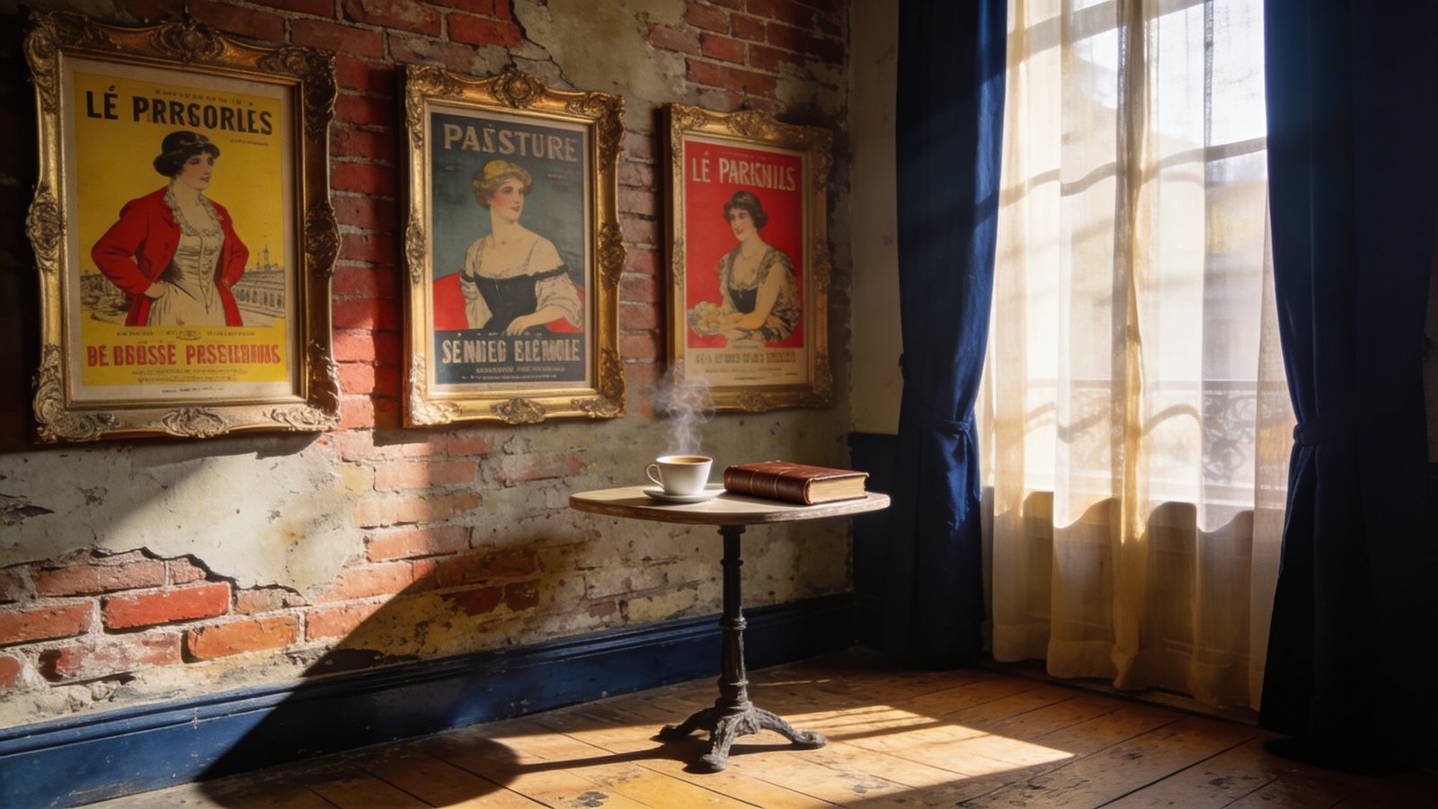 A cozy Parisian apartment corner featuring a weathered brick wall adorned with three vintage French advertising posters in ornate gold frames, showcasing retro 1960s design with muted yellows, deep reds, and navy blues, alongside a small bistro table with a steaming cup of coffee and a leather-bound book, warm afternoon sunlight streaming through sheer curtains creating soft shadows on the aged hardwood floor