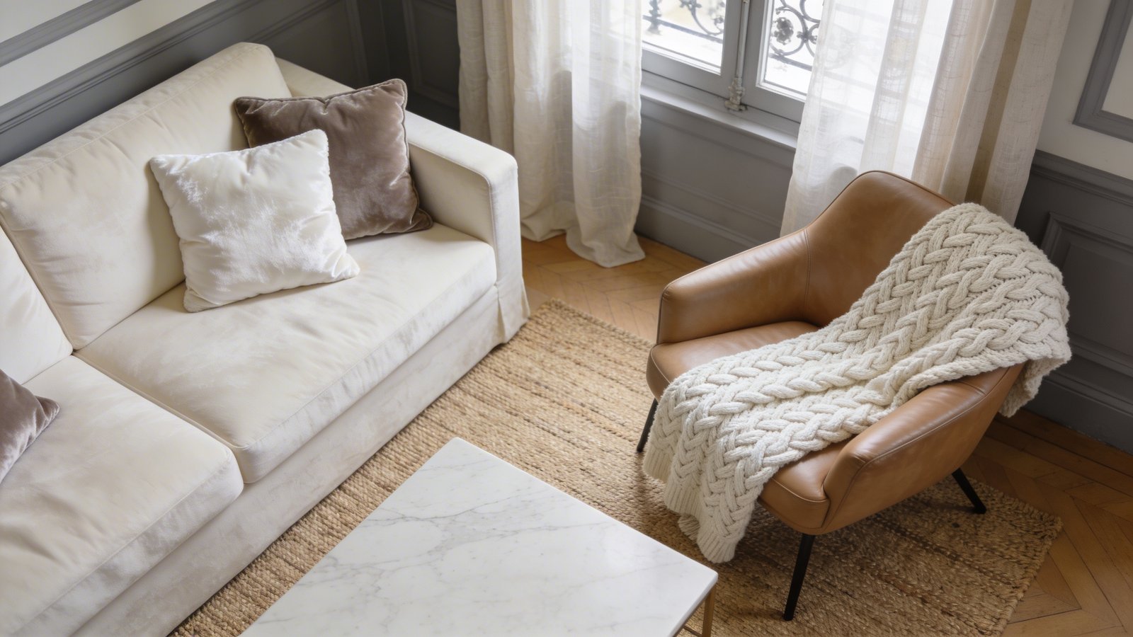 A cozy Parisian apartment corner showcasing a masterful neutral palette with rich textural variety: a cream linen sofa layered with plush velvet cushions in ivory and taupe, a chunky cable-knit throw blanket in off-white draped over smooth tan leather armchair, natural jute area rug underneath a white marble coffee table, sheer linen curtains filtering soft window light, all captured from a diagonal overhead angle emphasizing the interplay of soft and rough textures in beige, cream, and warm gray tones, professional interior photography with natural lighting