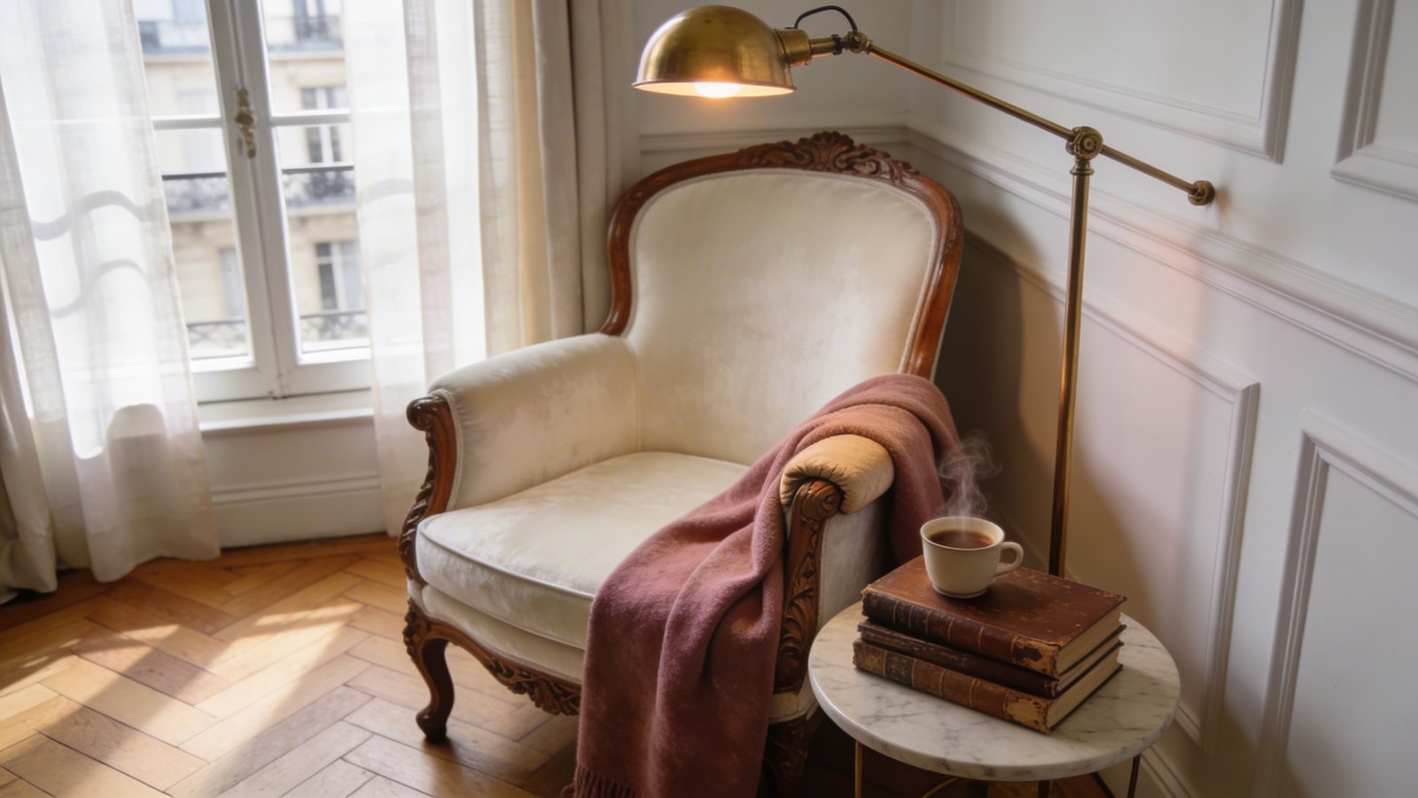 A cozy reading nook tucked into a tight corner of a Parisian apartment, featuring an elegant cream-colored vintage French bergère chair with exposed carved wood frame and velvet upholstery, a brass floor lamp with adjustable arm casting warm light over the chair, a small round marble-top side table holding a steaming coffee cup and stack of worn leather-bound books, a soft cashmere throw blanket in dusty rose draped over the chair's arm, white crown molding and tall windows with sheer curtains in the background, herringbone wood floors, soft afternoon light filtering through, intimate and inviting atmosphere, shot from a low angle to emphasize the corner's coziness, photorealistic style