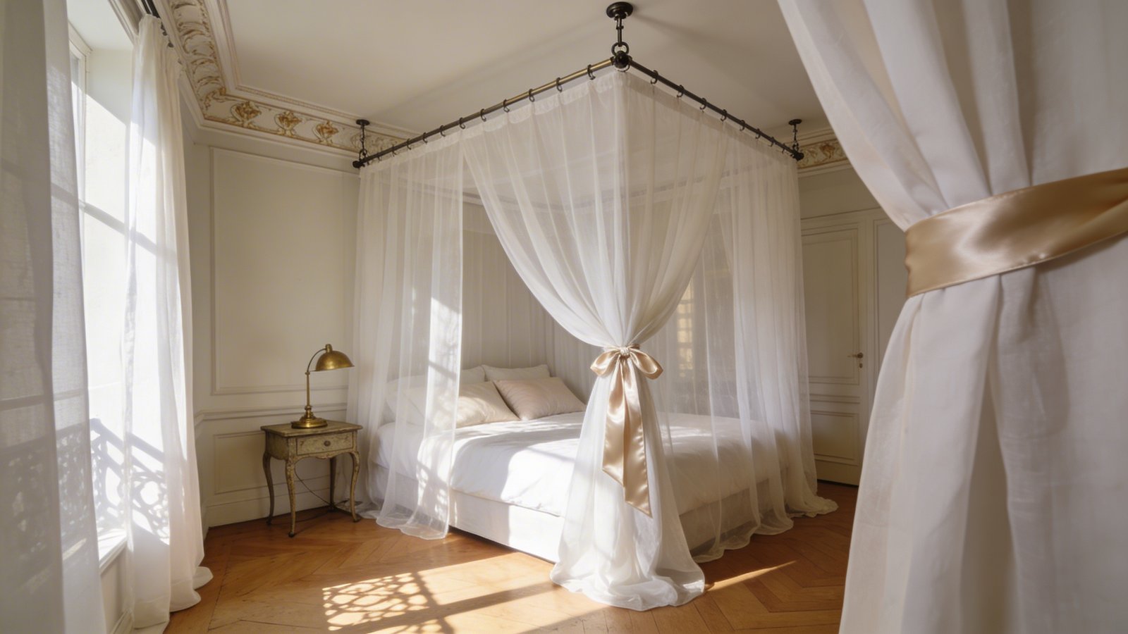 A cozy Parisian studio apartment bedroom featuring an elegant bed surrounded by flowing white linen curtains hung from a ceiling-mounted track, creating an intimate canopy effect. The sheer gauzy fabric is tied back on one side with a silk ribbon, revealing crisp white bedding and soft pillows. Warm afternoon sunlight filters through the translucent curtains, casting delicate shadows on the hardwood floors. A small vintage nightstand with a brass lamp sits beside the bed, and classic Parisian architectural details like crown molding are visible. The curtains create a dreamy, romantic cocoon-like sleeping area within the open studio space, photographed from a corner angle showing both the draped and tied-back fabric, interior design photography style, soft natural lighting, cream and white color palette.