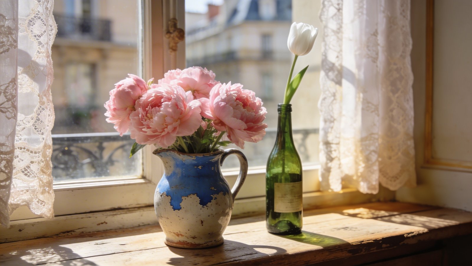A sunlit Parisian apartment windowsill showcasing a casual arrangement of soft pink peonies in a weathered vintage French ceramic pitcher with chipped blue glaze, alongside a single white tulip stem in an old green glass wine bottle, warm afternoon light streaming through sheer lace curtains creating soft shadows on the aged wooden surface, shallow depth of field with the vintage vessels in sharp focus against a blurred background of classic Parisian apartment details