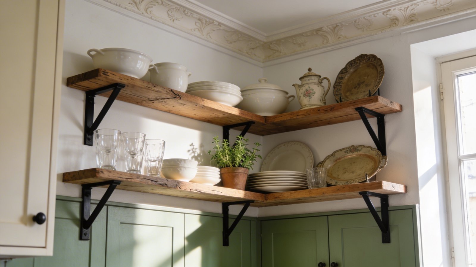 A charming compact Parisian kitchen with white painted walls featuring open wooden shelving instead of upper cabinets, displaying an curated collection of white ceramic dishes, clear glass tumblers, and vintage French serving pieces arranged artistically on rustic wood shelves with black metal brackets, a small potted herb plant nestled between stacked plates, warm natural light streaming through a nearby window casting soft shadows, lower sage green cabinet doors visible below, classic French apartment architectural details like crown molding, shot from a slight side angle showing the depth and layering of the shelving, cozy and uncluttered aesthetic with cream and earth tone color palette