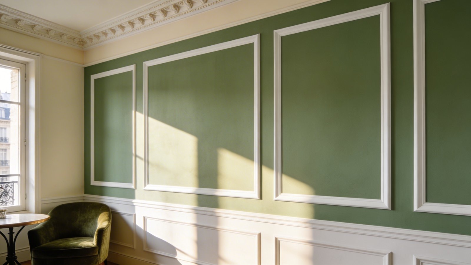 A cozy Parisian studio apartment interior showcasing elegant white peel-and-stick wall molding creating rectangular panels on a sage green accent wall, with classic crown molding along the cream-colored ceiling, soft afternoon light streaming through a nearby window illuminating the dimensional texture of the decorative trim, a velvet armchair and small bistro table partially visible in the corner, shot from a side angle to emphasize the depth and shadow created by the architectural details, photorealistic interior design photography style