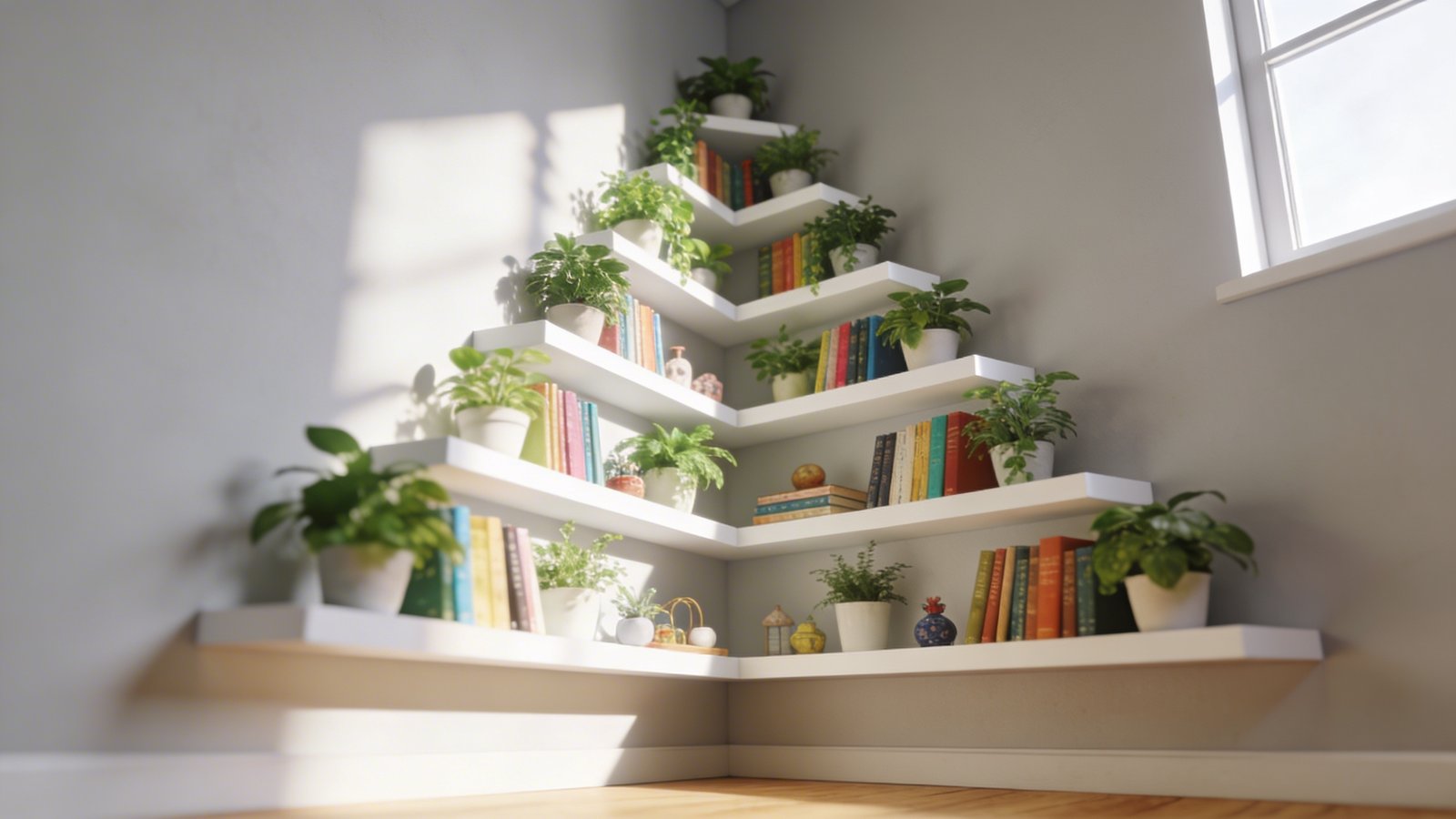 A bright modern living room corner showcasing white floating corner shelves mounted on pale gray walls, arranged in a cascading vertical pattern with lush green potted plants, colorful hardcover books, and small decorative items displayed on each tier, natural sunlight streaming from a nearby window creating soft shadows, shot from a low angle to emphasize the upward vertical space utilization, warm Scandinavian-style interior with light wooden flooring visible at the bottom of the frame, shallow depth of field focusing on the middle shelves while the top and bottom gently blur