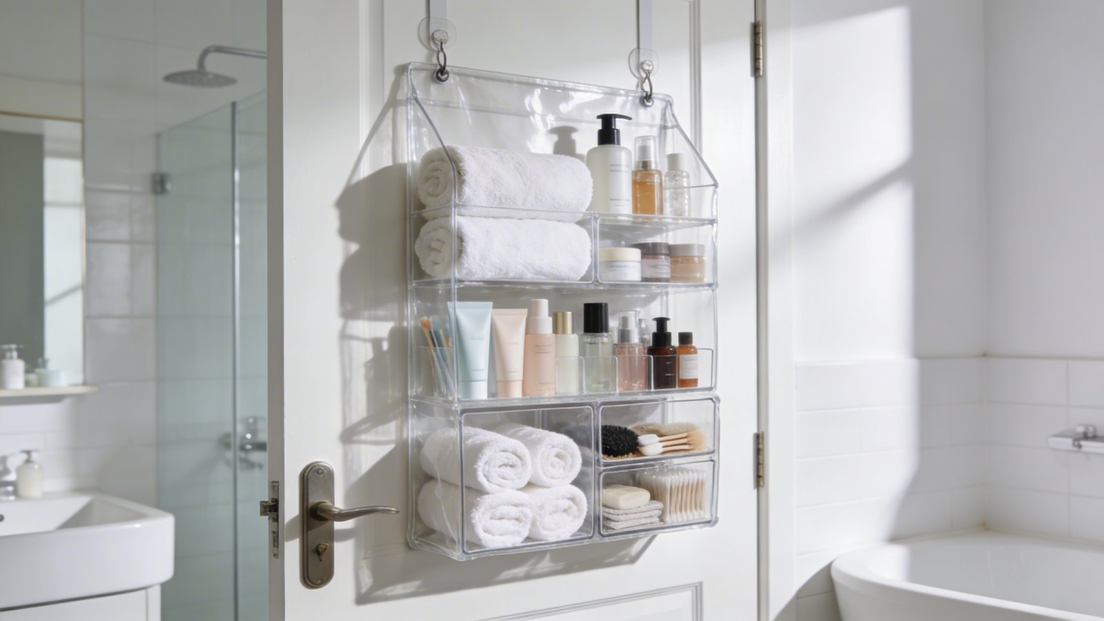 A bright, modern bathroom door with a clear over-the-door organizer hanging on it, filled with neatly arranged toiletries, rolled white towels, skincare bottles, and bathroom essentials in various compartments, shot from a three-quarter angle showing both the organizer and part of the white bathroom interior with natural lighting streaming in, creating a clean and organized aesthetic with soft shadows