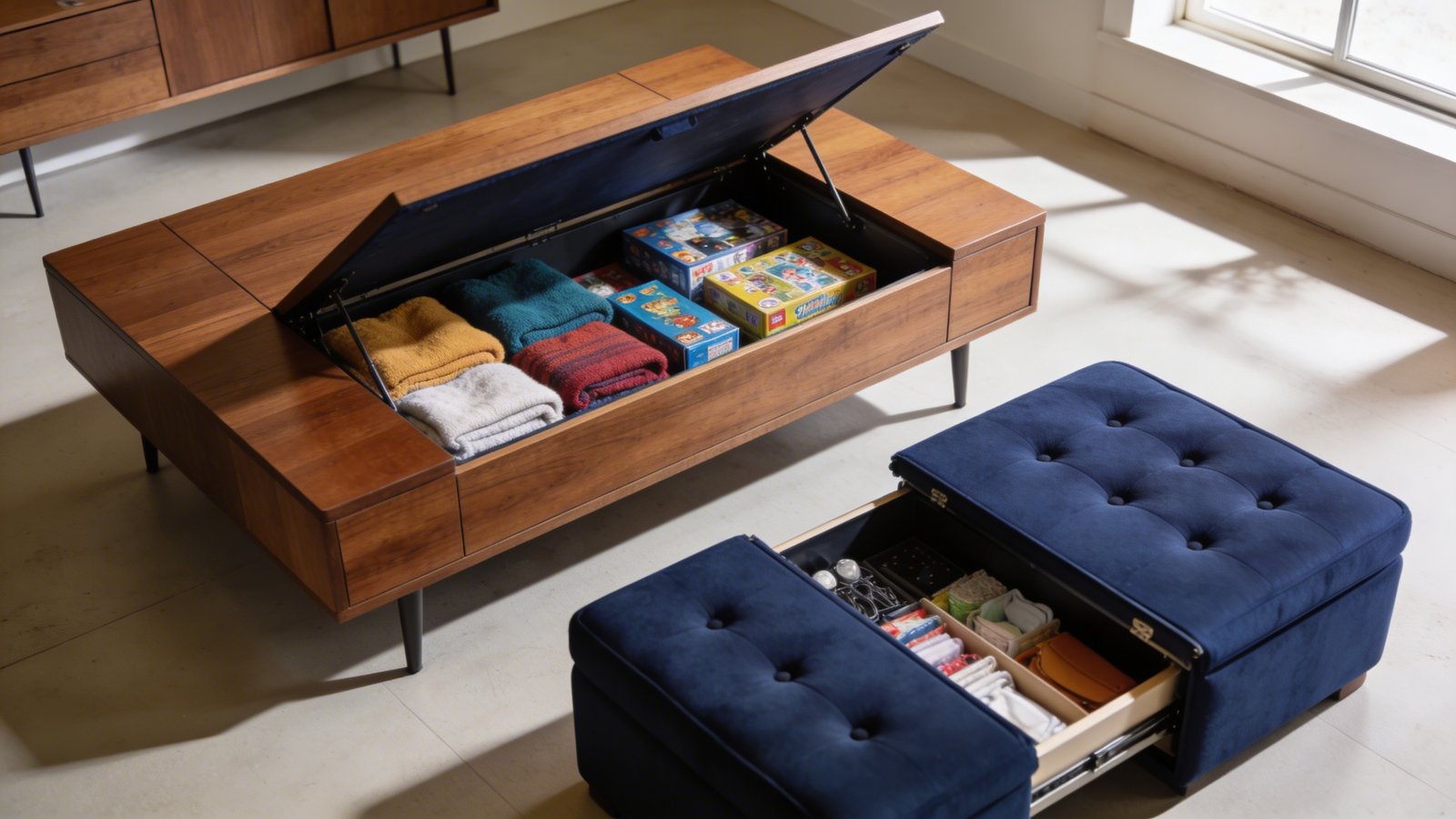 A modern living room interior showcasing a stylish lift-top coffee table in warm walnut wood with its top partially raised to reveal a spacious storage compartment filled with neatly folded colorful blankets and board game boxes, captured from a 45-degree overhead angle, with a plush tufted storage ottoman in navy blue fabric positioned nearby with its lid open displaying organized items inside, natural daylight streaming through a nearby window creating soft shadows, contemporary minimalist decor, professional interior photography, shallow depth of field, photorealistic quality