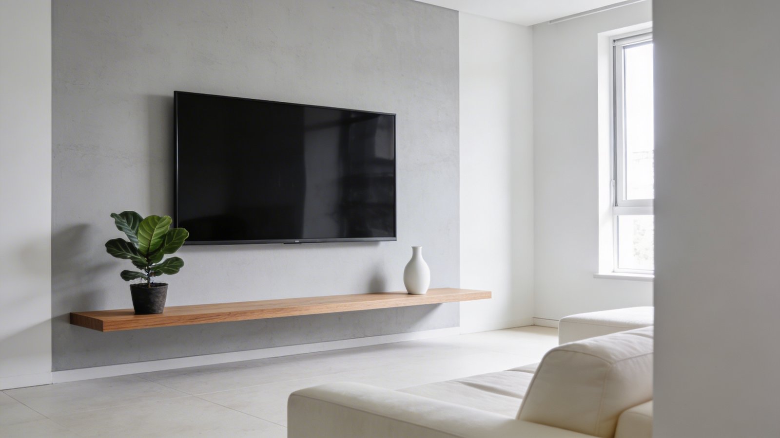 A modern living room interior shot from a slight side angle showing a large flat-screen TV mounted on a light gray wall at eye level, with the wall space beneath it featuring a sleek narrow floating console table in natural wood holding a small potted fiddle leaf fig plant and a minimalist white ceramic vase, emphasizing the open floor space where a bulky TV stand would normally be, bright natural lighting from a nearby window, contemporary Scandinavian-style decor with a cream-colored sofa partially visible in the frame, clean uncluttered aesthetic, professional interior photography