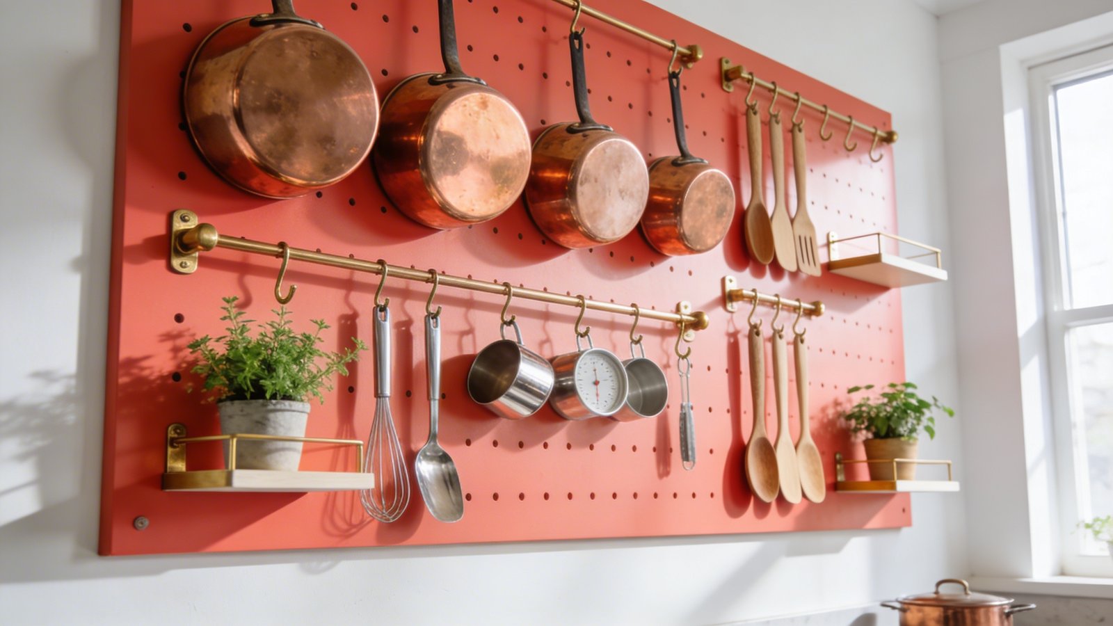 A bright modern kitchen corner featuring a vibrant coral-colored pegboard mounted on a white wall, displaying neatly organized copper pots, stainless steel utensils, hanging measuring cups, small potted herbs, and wooden cooking spoons arranged on various brass hooks and small floating shelves, photographed from a 45-degree angle with natural window light casting soft shadows, showcasing the customizable and space-saving nature of the organizational system in a contemporary home setting