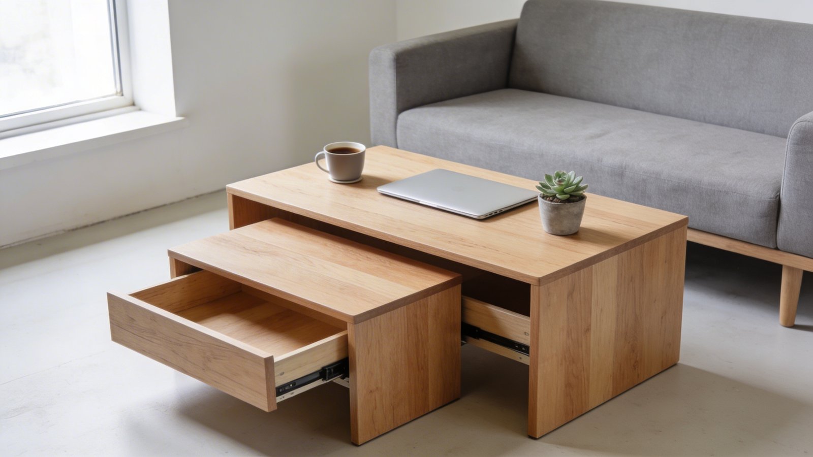 A modern small living room photographed from a three-quarter angle showing a set of three wooden nesting tables in different sizes with natural oak finish, the two smaller tables partially pulled out from beneath the largest one to demonstrate their space-saving functionality, topped with a coffee cup, laptop, and small potted succulent, surrounded by a compact grey sofa and minimal decor, bright natural lighting streaming through a nearby window, shot in a contemporary Scandinavian interior design style