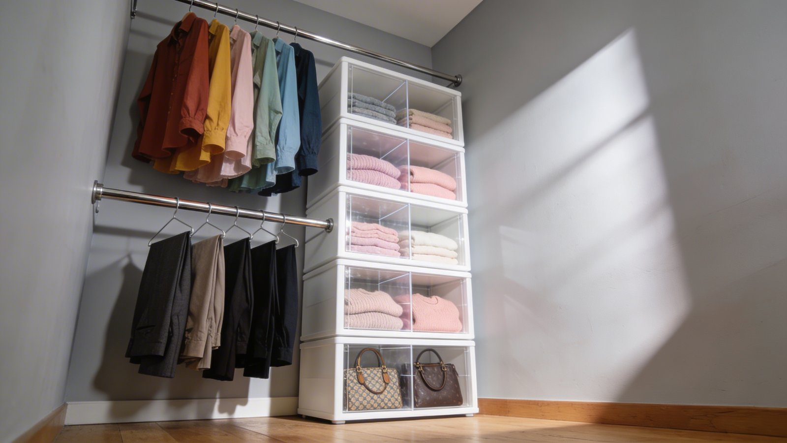 A high-quality photograph taken from a low angle looking upward inside a modern walk-in closet, showcasing efficient vertical space utilization with double-tier chrome hanging rods filled with organized clothing - colorful shirts on the upper rod and dress pants on the lower rod - alongside white stackable modular shelving units with clear shelf dividers holding neatly folded sweaters in various pastel colors and designer handbags, natural light streaming in from the side creating soft shadows, contemporary minimalist aesthetic with light gray walls and warm wood flooring visible at the bottom of the frame