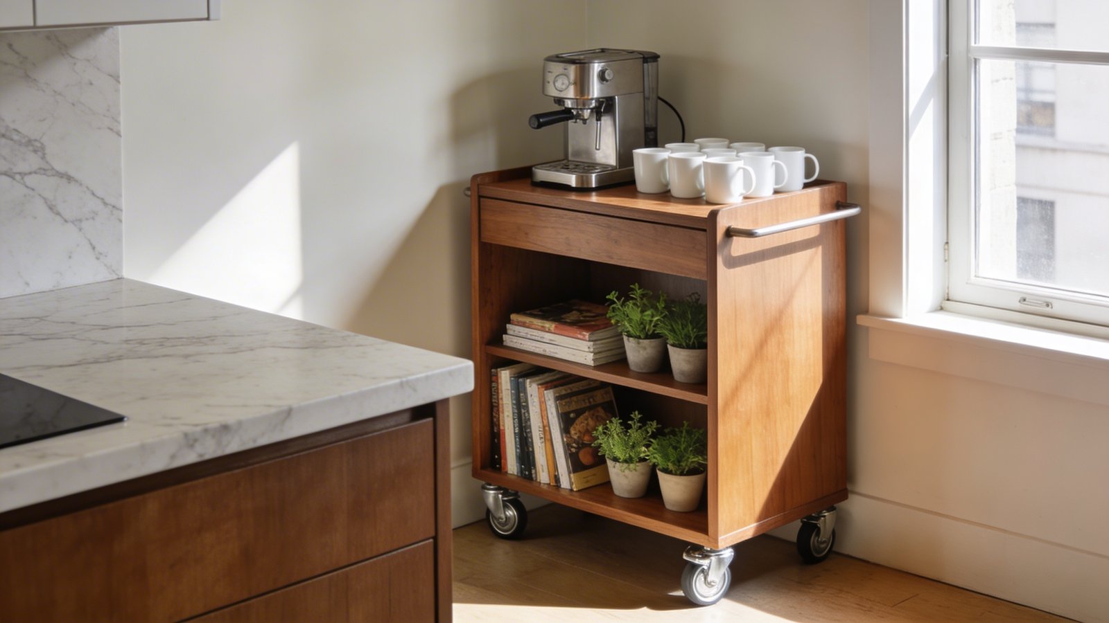 A bright modern kitchen with a sleek wooden rolling cart positioned next to a marble countertop, featuring a stainless steel coffee maker and neatly arranged white mugs on top, open shelving below displaying cookbooks and small potted herbs, with visible chrome wheels, photographed from a 45-degree angle in natural morning light streaming through a nearby window, showing the cart's mobility and versatile storage solutions in a compact apartment kitchen setting