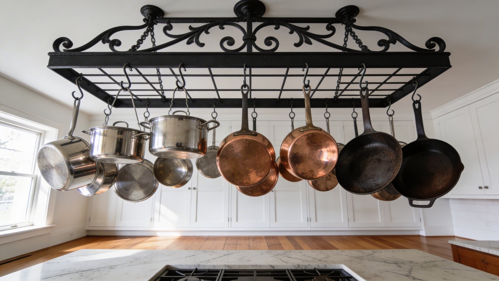 A modern kitchen interior photographed from a low angle looking upward, showcasing a black wrought iron ceiling-mounted pot rack suspended above a marble kitchen island, with various stainless steel pots, copper pans, and cast iron skillets hanging from S-hooks, natural daylight streaming through a nearby window creating subtle reflections on the cookware, white shaker cabinets visible in the background, warm wood flooring below, professional culinary atmosphere with a clean and organized aesthetic