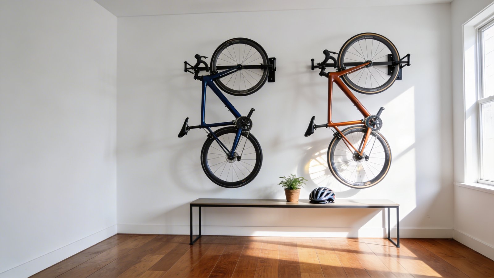 A modern minimalist apartment interior showing two sleek road bikes mounted vertically on a clean white wall using black metal wall-mounted racks, the bikes displayed at different heights with their front wheels facing upward, polished hardwood flooring below completely clear and spacious, natural sunlight streaming through a nearby window illuminating the bikes' colorful frames - one matte navy blue and one burnt orange, a small potted plant and bike helmet on a slim console table beneath, shot from a three-quarter angle perspective emphasizing the freed floor space and the bikes as decorative wall elements