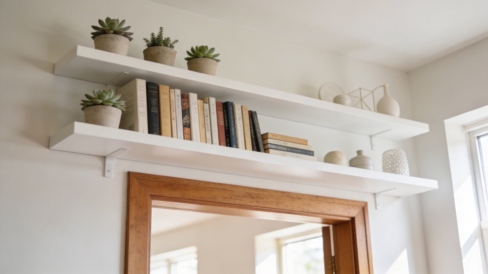 A bright modern hallway interior photograph showing shallow white floating shelves installed above a doorway frame, styled with small potted succulents, neatly arranged paperback books, and minimalist decorative objects, shot from a slight upward angle to emphasize the space-saving installation, natural daylight streaming through nearby windows, clean Scandinavian-inspired aesthetic with pale walls and warm wood door trim, shallow depth of field highlighting the organized shelf contents against a soft-focused background