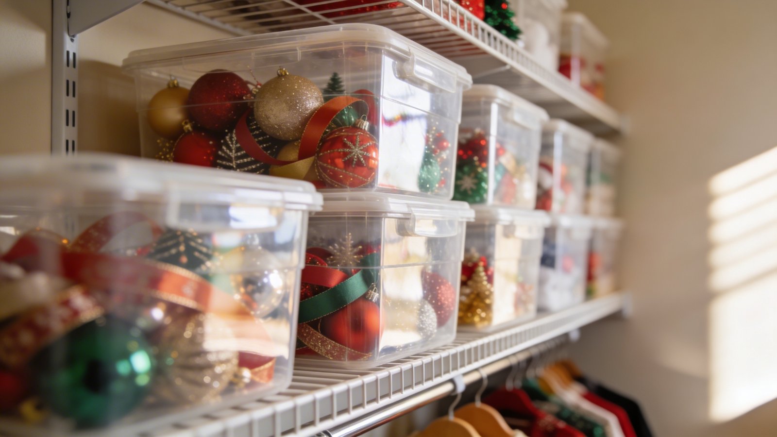 A bright, organized home closet shelf displaying neatly stacked clear plastic storage containers filled with colorful seasonal items, holiday decorations visible through the transparent bins including ornaments and ribbons, shot from a slightly elevated angle showing efficient vertical stacking, natural daylight streaming from the side creating subtle reflections on the clear containers, warm neutral wall tones in the background, shallow depth of field focusing on the front containers while others softly blur behind them, professional home organization photography style