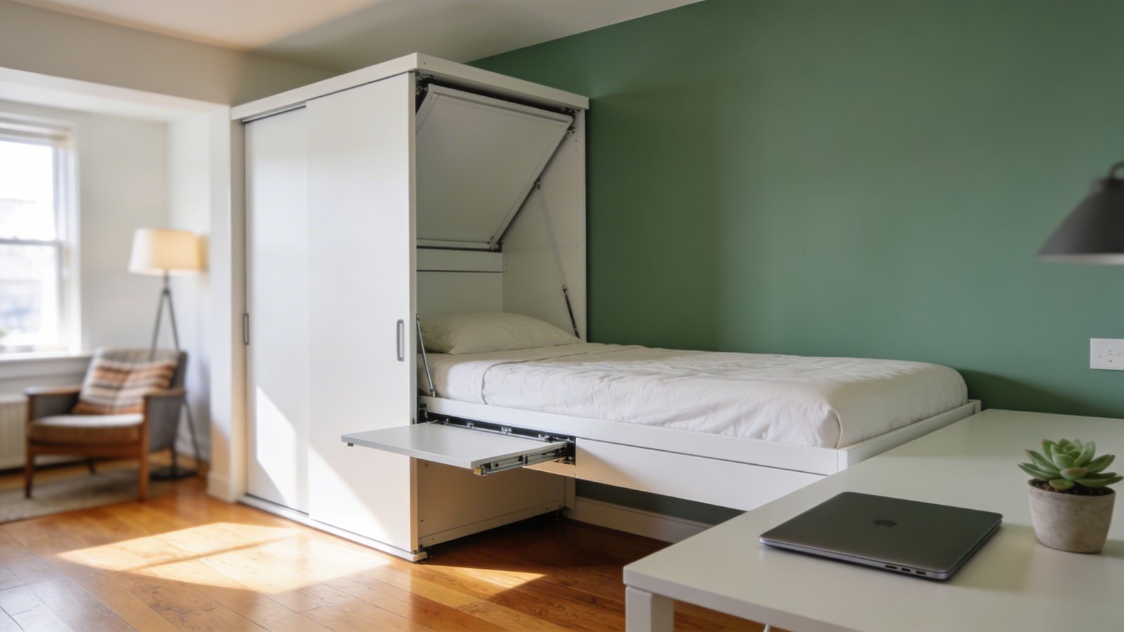 A bright, modern studio apartment photographed from a corner angle showing a sleek white Murphy bed in its folded-up position against a sage green wall, with the bed's integrated desk surface pulled down revealing a functional workspace with a laptop and small potted succulent, warm natural light streaming through a nearby window illuminating the polished hardwood floors, with a cozy reading chair and floor lamp visible in the transformed living space, shot in contemporary interior design photography style with shallow depth of field.