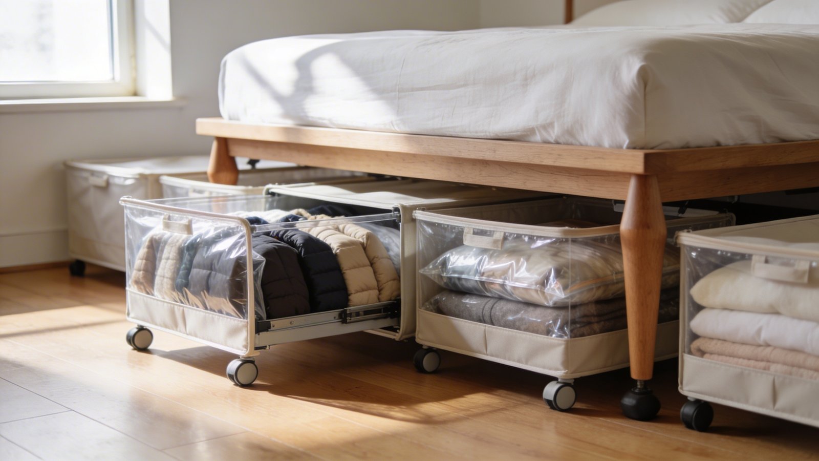 A modern bedroom interior photographed from a low angle showing a neatly made bed with wooden bed risers elevating it, with multiple organized rolling storage bins visible underneath partially pulled out, revealing neatly vacuum-sealed bags of winter clothing and folded linens inside the clear containers, soft natural lighting from a nearby window illuminating the polished hardwood floor, realistic home organization setup with neutral beige and white color scheme, shallow depth of field focusing on the under-bed storage solutions