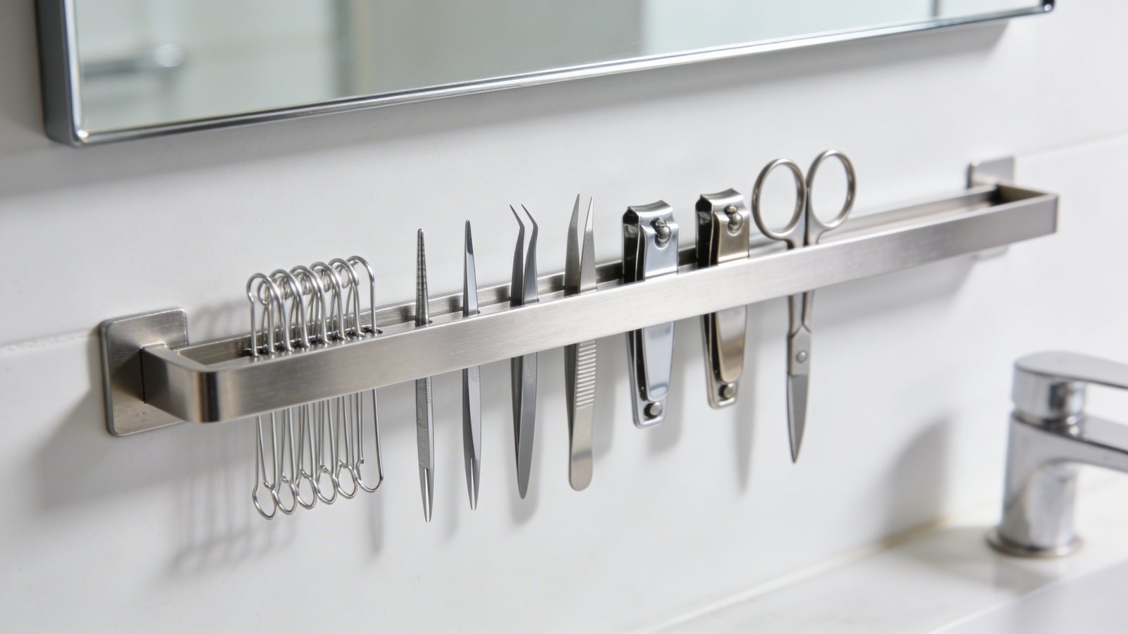A close-up photograph of a sleek stainless steel magnetic strip mounted on a white bathroom wall, holding an organized array of small metal items including silver bobby pins, tweezers, nail clippers, and small scissors neatly suspended in a row, shot from a 45-degree angle with soft natural lighting casting gentle shadows, showing part of a modern bathroom mirror edge in the background, shallow depth of field focusing on the magnetic strip and items, clean minimalist aesthetic with chrome and white color palette