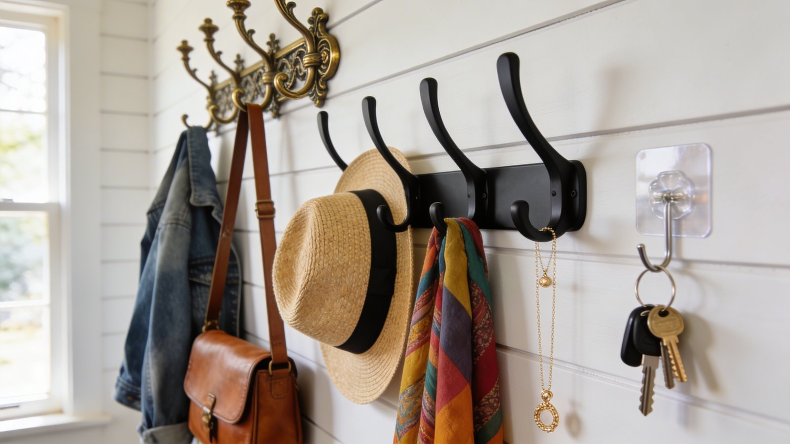 A bright, organized entryway wall featuring multiple types of hooks at various heights with items hung on them: vintage brass decorative hooks holding a leather messenger bag and denim jacket, sleek modern black hooks with a straw hat and colorful scarf, small adhesive clear hooks with keys and delicate gold jewelry, shot from a slight side angle showing the three-dimensional depth of items hanging, warm natural lighting from a nearby window, white shiplap wall background, shallow depth of field focusing on the middle hooks while slightly blurring the edges, lifestyle photography style, realistic home interior, 4K quality