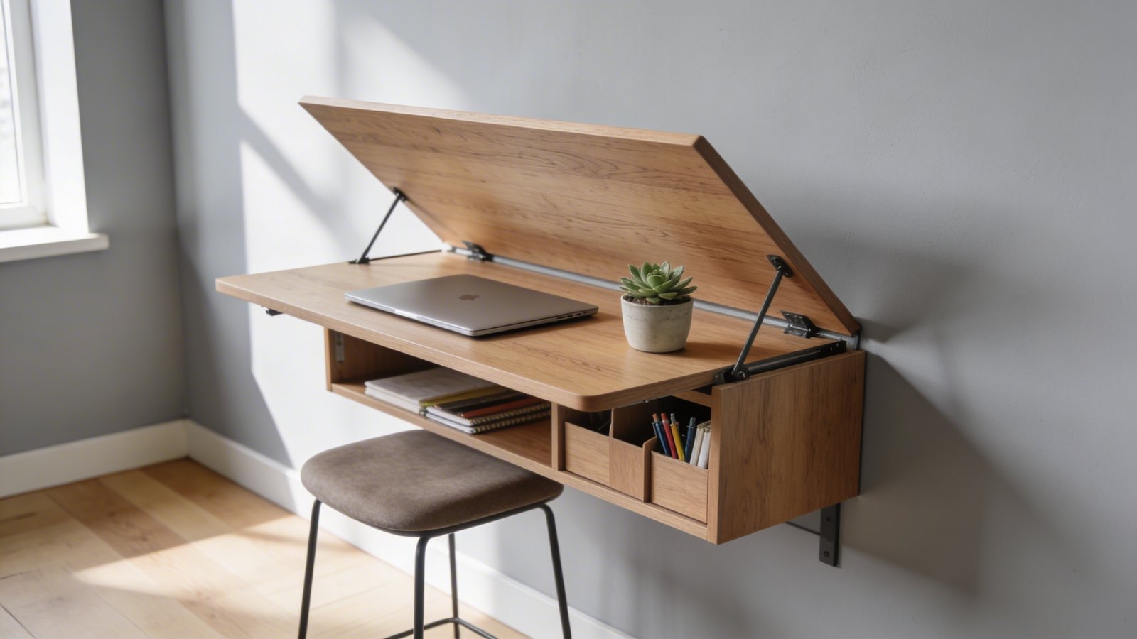 A modern minimalist home office setup showing a sleek wooden fold-down wall-mounted desk in the open position against a light gray wall, with a laptop and small potted succulent on the work surface, a comfortable stool tucked underneath, warm natural lighting from a nearby window casting soft shadows, the desk featuring integrated compartments with pens and notebooks visible, shot from a 45-degree angle to show both the functional workspace and how it seamlessly integrates with the compact room, Scandinavian-style interior with white walls and light oak flooring, realistic photo quality with shallow depth of field
