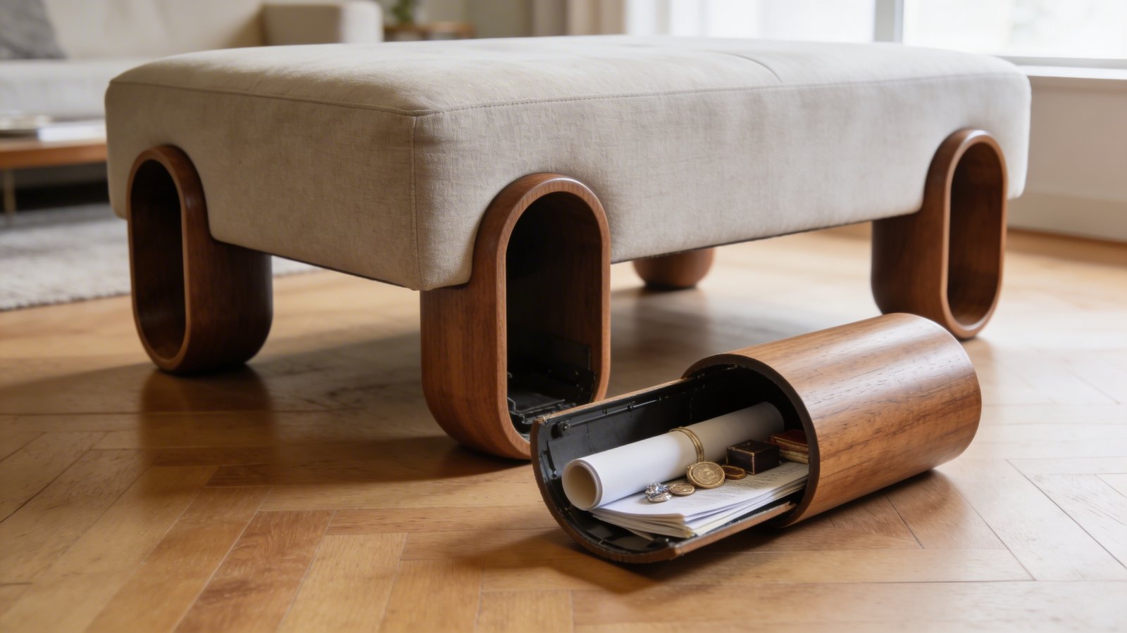 A high-quality photograph shot from a low angled perspective showing a modern upholstered ottoman or bench with one hollow cylindrical wooden leg detached and lying on its side, revealing a hidden storage compartment inside containing rolled documents and small valuable items, while the other three legs remain attached to the furniture piece, natural daylight illuminating the scene in a contemporary living room setting with hardwood flooring, shallow depth of field focusing on the opened hollow leg compartment