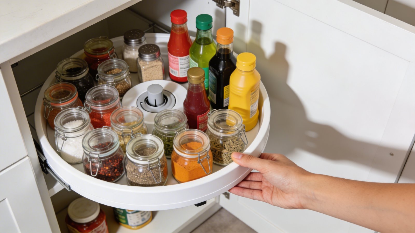 A high-quality overhead photograph of an open deep corner kitchen cabinet with a white lazy susan turntable filled with organized glass spice jars and colorful condiment bottles, shot from a 45-degree angle showing the spinning mechanism in warm natural lighting, with a hand gently rotating the lazy susan to demonstrate accessibility, modern white cabinet interior with one or two additional items visible in the background shadows of the deep cabinet space, realistic home photography style with shallow depth of field