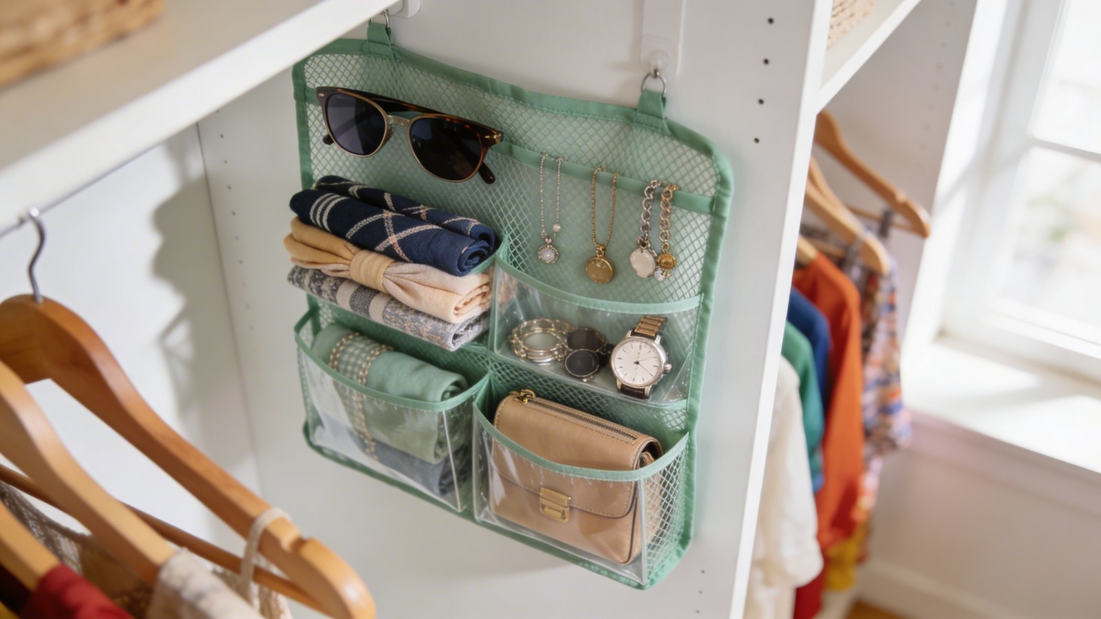 A high-quality overhead angled photograph of a mesh hanging shower caddy in sage green mounted on a white closet wall, filled with neatly organized accessories including sunglasses, folded scarves, jewelry, watches, and a small purse in the multiple transparent pockets, with wooden hangers and colorful clothing visible blurred in the background, soft natural window lighting creating gentle shadows, realistic home organization styling
