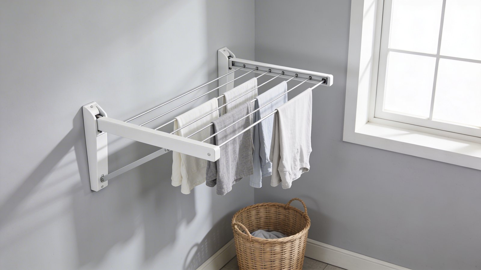 A modern laundry room interior showing a sleek white wall-mounted fold-down drying rack extended from a pale gray wall with freshly washed clothes hanging on it, natural light streaming through a nearby window, minimalist design with a wicker laundry basket on the floor below, shot from a side angle perspective, clean and organized space with soft shadows, photorealistic style