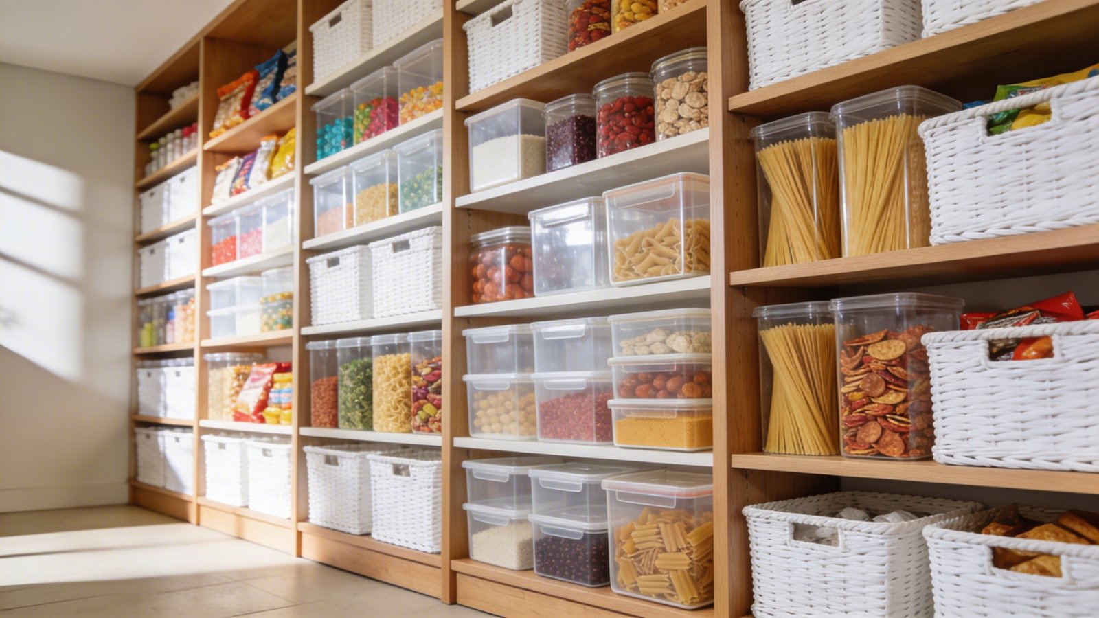 A bright, organized modern pantry showcasing floor-to-ceiling stackable clear plastic storage bins and white wicker baskets arranged vertically along sleek wooden shelving, filled with colorful dry goods, pasta, and snacks, shot from a slightly angled perspective with natural lighting streaming from the left, featuring a mix of square and rectangular stackable containers in varying sizes creating an efficient vertical storage system, with warm neutral tones and a clean minimalist aesthetic