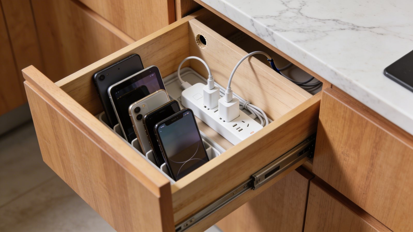 A modern kitchen drawer pulled open revealing an organized charging station inside, with multiple smartphones and tablets plugged into a discreet white power strip, warm wood drawer interior with neat cable management, small drilled hole visible at the back corner for the power cord, soft natural lighting from above, shallow depth of field focusing on the charging devices, clean minimalist aesthetic with marble countertop visible in background, angled overhead perspective at 45 degrees