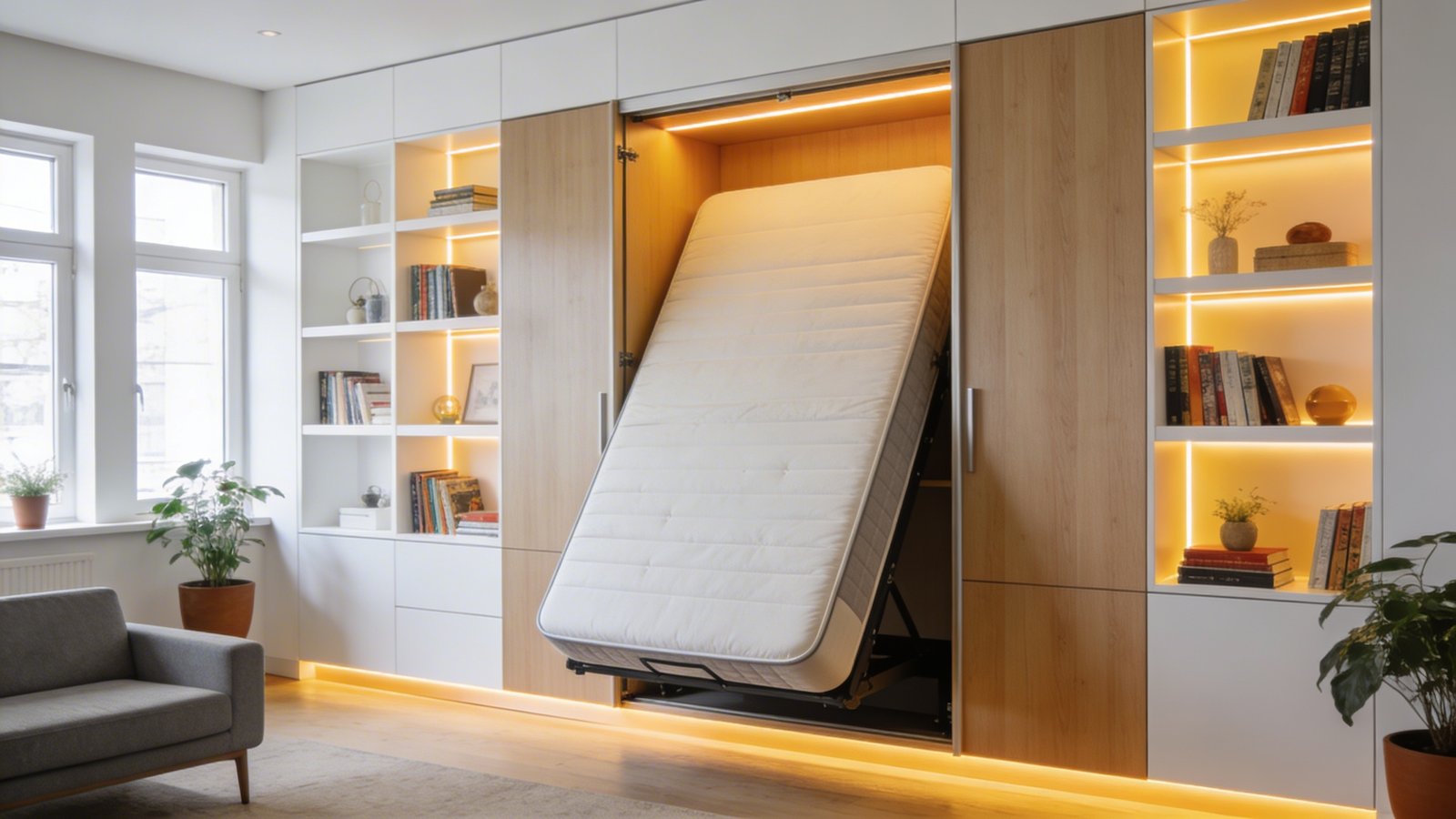 A modern Murphy bed in the upright, closed position integrated into a contemporary living room wall unit with sleek built-in white shelving displaying books and decorative items, warm LED strip lighting illuminating the shelves, the bed seamlessly disguised as an elegant wall cabinet with light wood paneling, surrounded by minimalist furniture including a small gray sofa and potted plants, bright natural daylight streaming through nearby windows, shot from a three-quarter angle showing the sophisticated space-saving design, professional interior photography style with sharp focus and vibrant colors