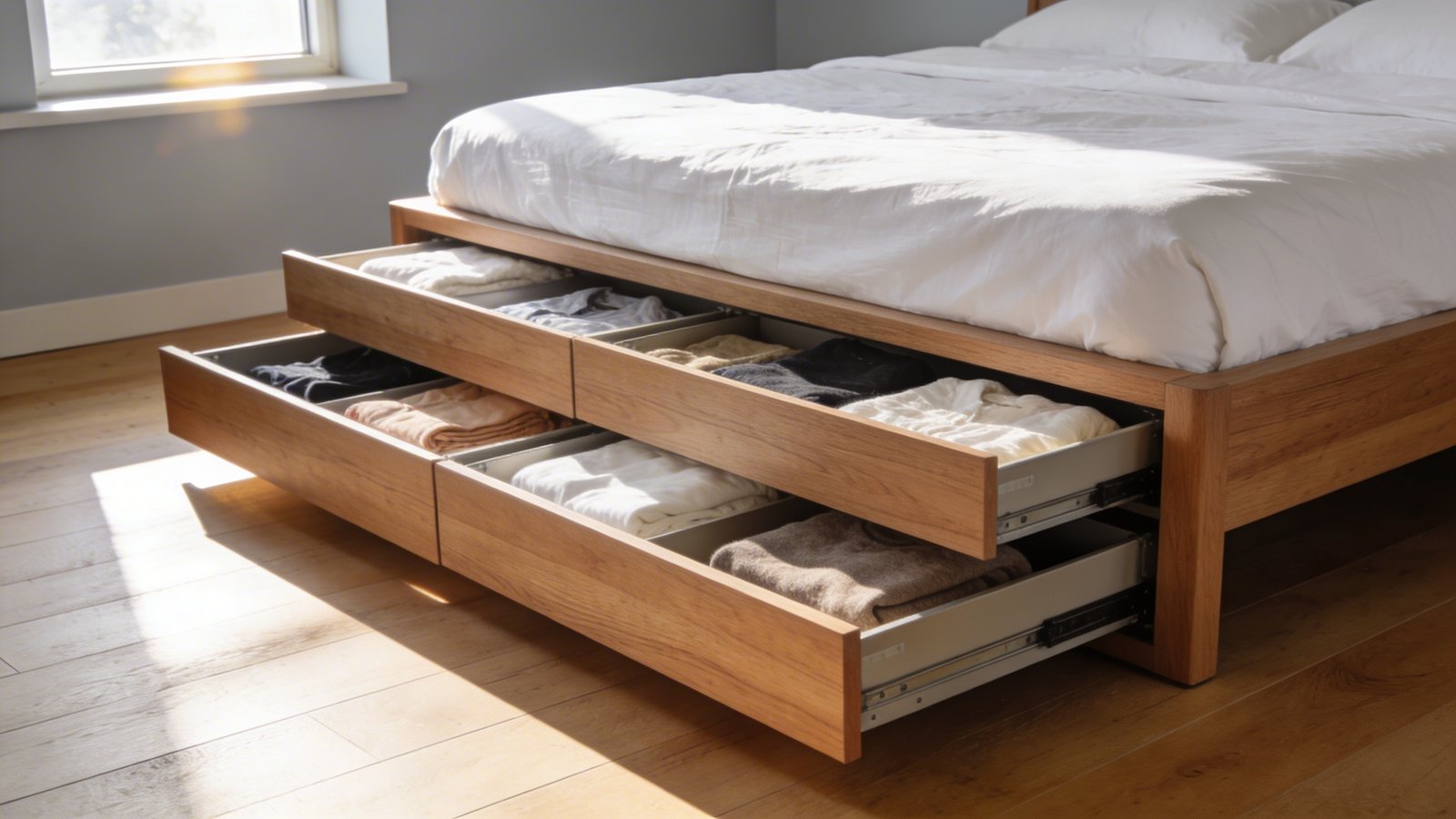 A modern platform bed with natural oak wood frame in a bright minimalist bedroom, featuring multiple pull-out storage drawers beneath the mattress visibly opened to reveal neatly organized folded clothes and bedding inside, shot from a 45-degree side angle showing the functionality of the drawer system, warm morning sunlight streaming through a nearby window, clean white bedding on top, light gray walls, hardwood flooring, contemporary scandinavian interior design style, photorealistic quality
