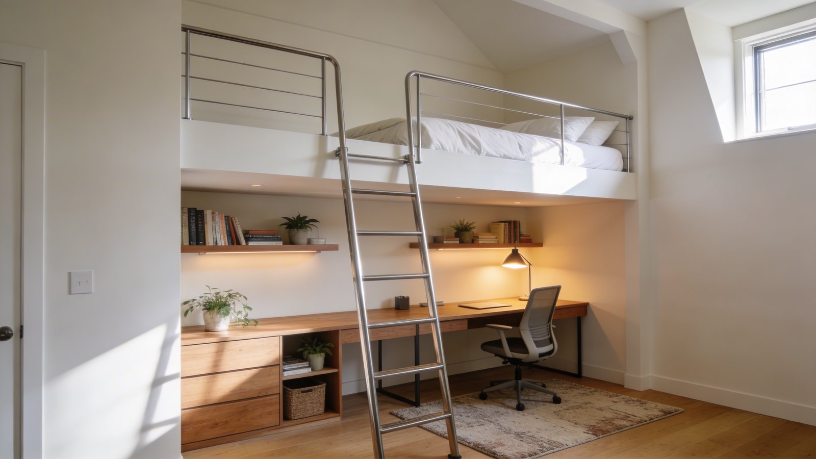 A sophisticated adult loft bed in white and natural wood tones photographed from a three-quarter angle, showing a raised sleeping platform with crisp white bedding and a modern metal ladder, underneath which sits a fully functional home office workspace with a wooden desk, ergonomic chair, floating shelves with books and plants, warm ambient lighting from a desk lamp, and a cozy area rug defining the workspace below, in a bright contemporary bedroom with high ceilings, cream walls, and sunlight streaming through a nearby window, interior design photography style with professional lighting emphasizing the vertical space utilization and layered room-within-a-room concept
