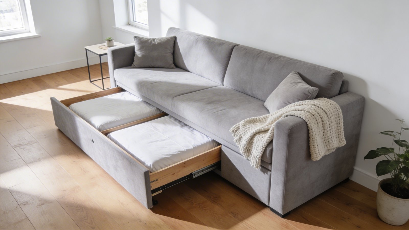A bright, modern studio apartment interior showcasing an elegant upholstered daybed in soft gray fabric positioned against a white wall, styled as a sofa with plush throw pillows and a cozy knit blanket draped over one end, with a partially extended wooden trundle bed visible underneath revealing the dual-bed functionality, natural afternoon sunlight streaming through nearby windows, minimalist Scandinavian decor with a small side table and potted plant, warm hardwood flooring, shot from a 45-degree angle to capture both the daybed's sofa-like appearance and the practical trundle mechanism