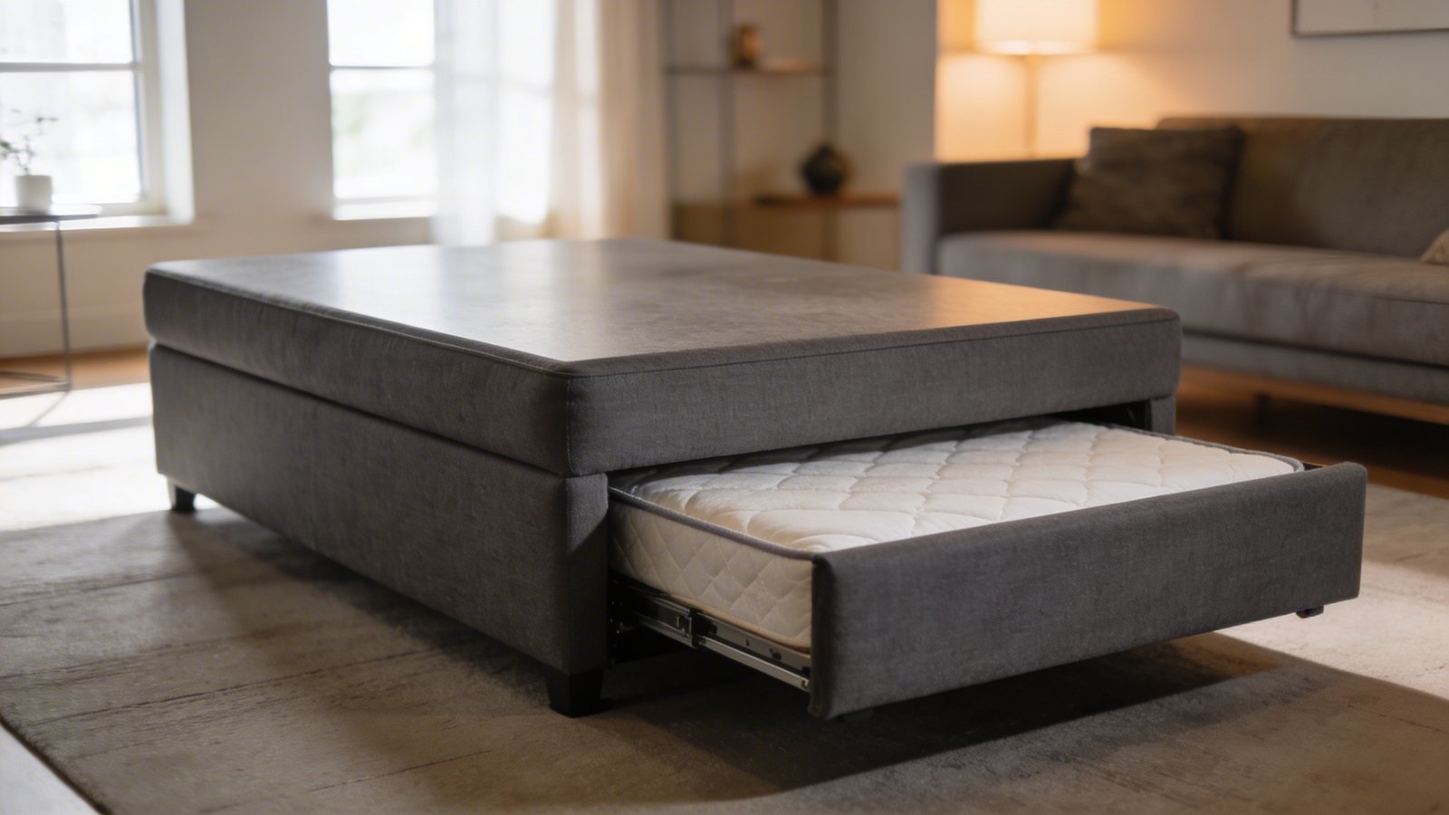 A modern living room scene showing an elegant oversized ottoman in charcoal gray fabric positioned as a coffee table, with one corner partially unfolded to reveal a hidden mattress underneath, demonstrating its dual functionality, photographed from a side angle in natural daylight streaming through nearby windows, with a contemporary apartment setting including a sofa and minimal decor in the background, realistic interior photography style with warm ambient lighting and shallow depth of field