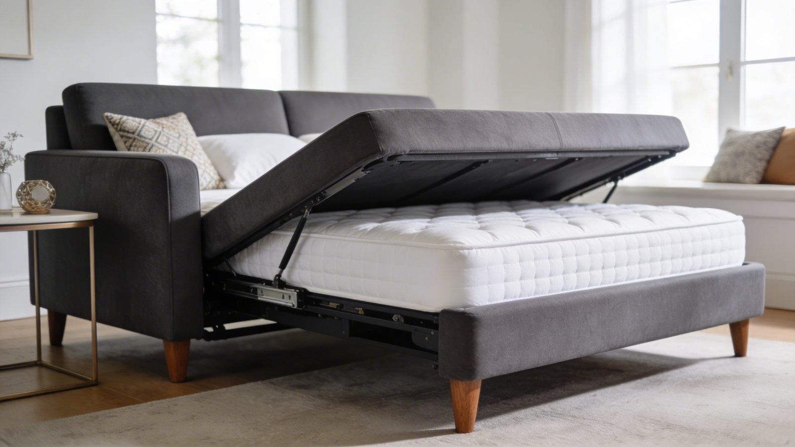 A modern, elegant sleeper sofa in a contemporary living room, photographed from a three-quarter angle showing the sofa partially transformed with the pull-out bed mechanism visible, featuring a thick memory foam mattress in crisp white linens, the sofa upholstered in sophisticated charcoal gray fabric with clean lines and wooden legs, bright natural daylight streaming through nearby windows, minimalist decor with a small side table and decorative pillows, demonstrating the easy-pull mechanism in action, professional interior photography style with shallow depth of field