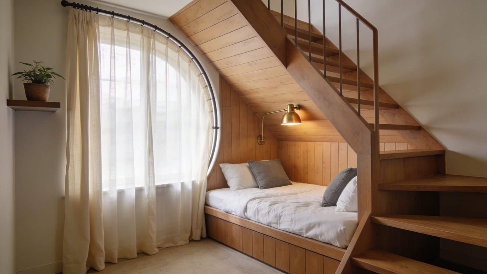 A cozy built-in bed nestled underneath a modern wooden staircase, featuring a low platform mattress with plush white bedding and gray accent pillows, sheer cream curtains partially drawn on a curved rod for privacy, a warm brass reading light mounted on the slanted underside of the stairs, natural wood paneling along the angled walls, and a small potted plant on a floating shelf, photographed from a three-quarter angle showing the inviting nook illuminated by soft natural light filtering through the curtains in a contemporary home interior