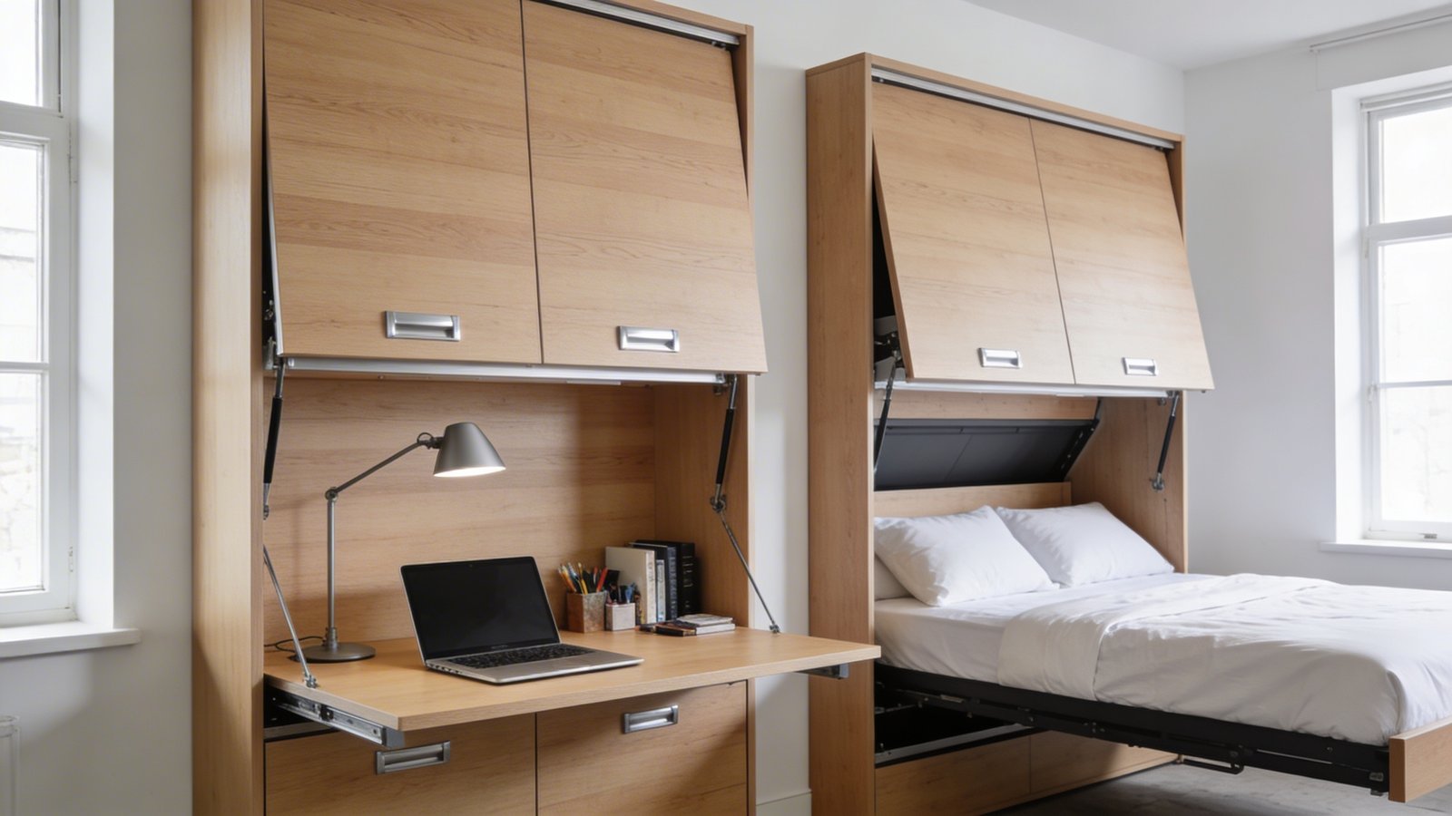 A modern studio apartment interior showcasing a sleek fold-down wall desk in its dual configuration, with one half displaying the desk setup complete with a laptop, adjustable desk lamp, and organized office supplies, while the other half shows the same unit transformed with a murphy bed folded down revealing crisp white bedding and pillows, photographed from a three-quarter angle in natural daylight streaming through nearby windows, contemporary minimalist design with light wood finish and silver hardware, clean white walls, demonstrating the space-saving transformation in a realistic living environment