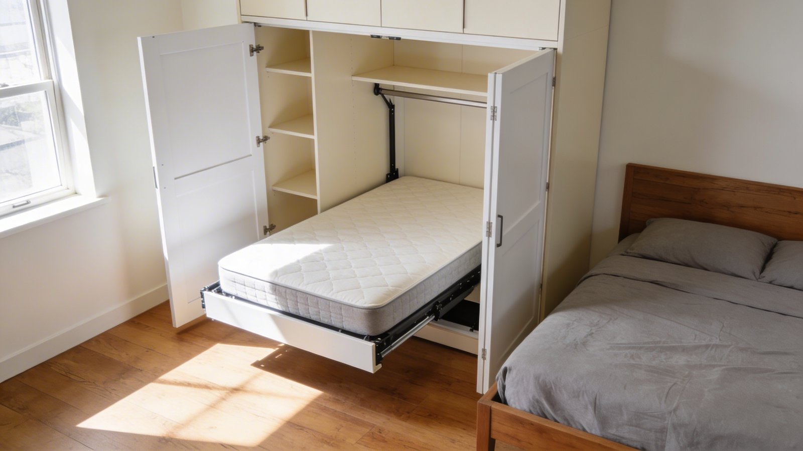 A realistic daytime interior photograph of a modern bedroom featuring an open closet with a pull-down Murphy bed folding out from inside, white painted closet doors swung open to reveal the compact sleeping space with a neatly made mattress in soft gray bedding, warm wood bed frame mechanism visible, the closet interior painted in light cream color, minimal contemporary decor, natural sunlight streaming from a nearby window, shot from a 45-degree angle showing both the closet bed setup and surrounding bedroom space with hardwood floors