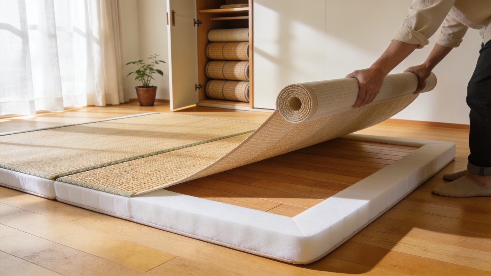 A modern minimalist bedroom with a low-profile tatami floor bed featuring a natural woven rush surface combined with white memory foam layers, shown mid-morning as someone in casual clothing rolls up the lightweight sleeping mat, revealing the clean wooden floor beneath, with an open closet door in the background showing neatly stored rolled tatami mats, bright natural sunlight streaming through sheer curtains, warm honey-toned wood flooring, a small potted plant in the corner, shot from a low three-quarter angle to emphasize the space-saving transformation, soft natural lighting creating gentle shadows, contemporary Japanese-inspired interior with cream and beige color palette