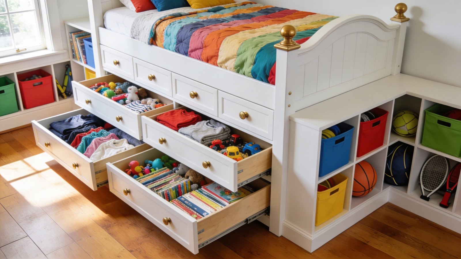 A high-angle photograph of a modern captain's bed in a bright children's bedroom, showcasing multiple open drawers pulled out from the elevated bed frame revealing neatly organized children's clothes, toys, and books inside, with built-in cubbies on the sides filled with colorful storage bins and sports equipment, warm natural lighting streaming through a nearby window, the bed frame in white painted wood with brass drawer pulls, colorful bedding on top, hardwood flooring visible, shot from a 45-degree angle to emphasize the depth and quantity of the integrated storage compartments beneath and around the raised sleeping platform