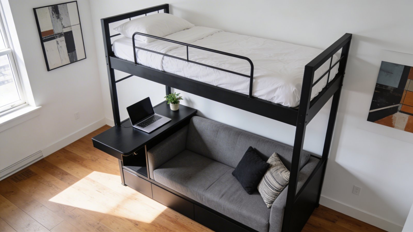 A sophisticated modern adult bunk bed with sleek matte black metal frame in a bright minimalist studio apartment, featuring the lower bunk integrated into a gray upholstered sofa with throw pillows, a compact floating desk built into the side with a laptop and small plant, clean white bedding on the upper bunk with a slim safety rail, natural afternoon light streaming through a nearby window, hardwood flooring, and contemporary artwork on the white wall, shot from a 45-degree angle showing both levels and the smart space-saving design